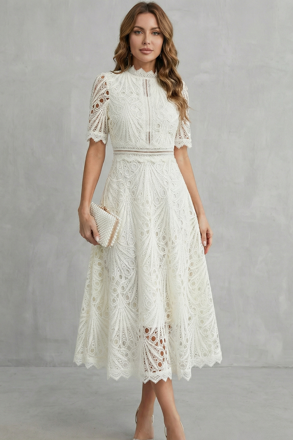 Womens High Neck Lace Midi Dress