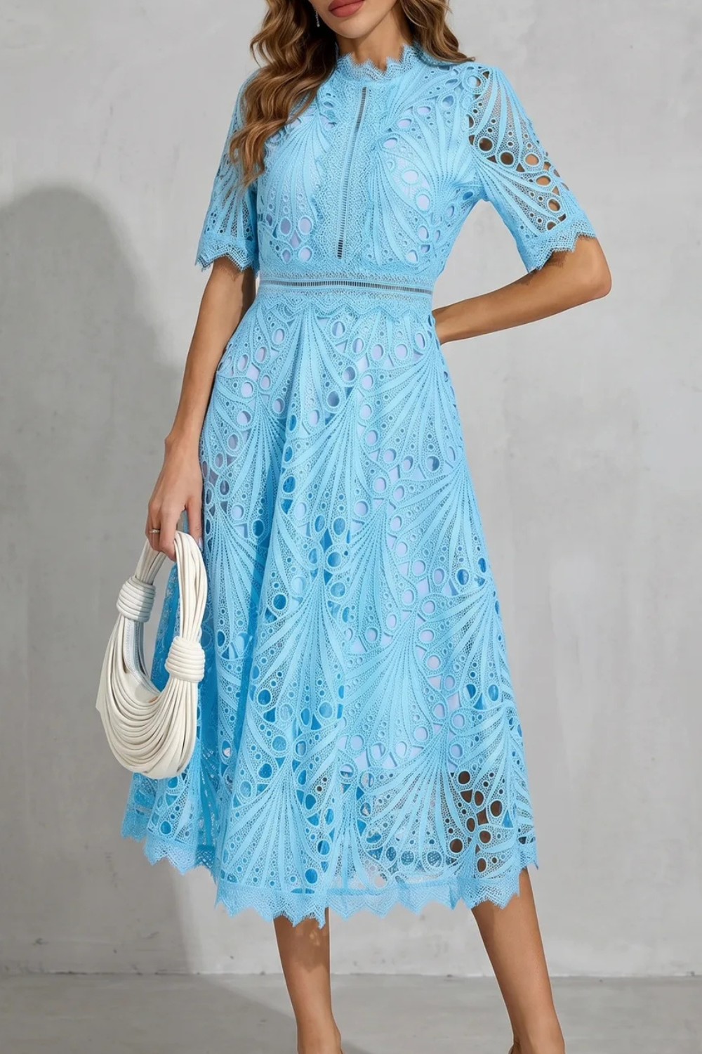 Womens High Neck Lace Midi Dress
