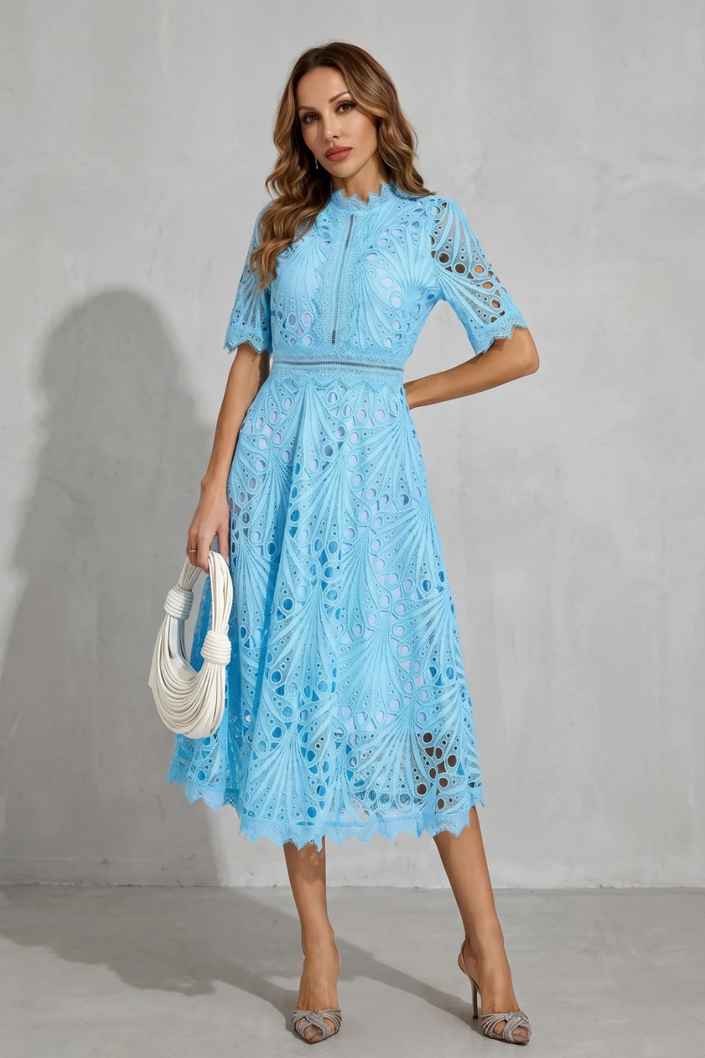 Womens High Neck Lace Midi Dress