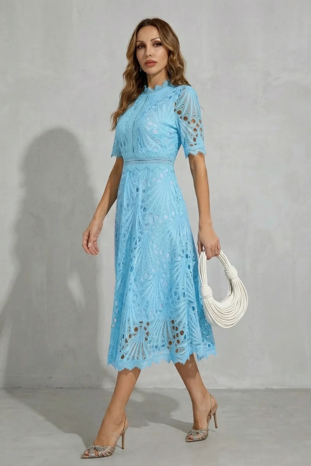 Womens High Neck Lace Midi Dress