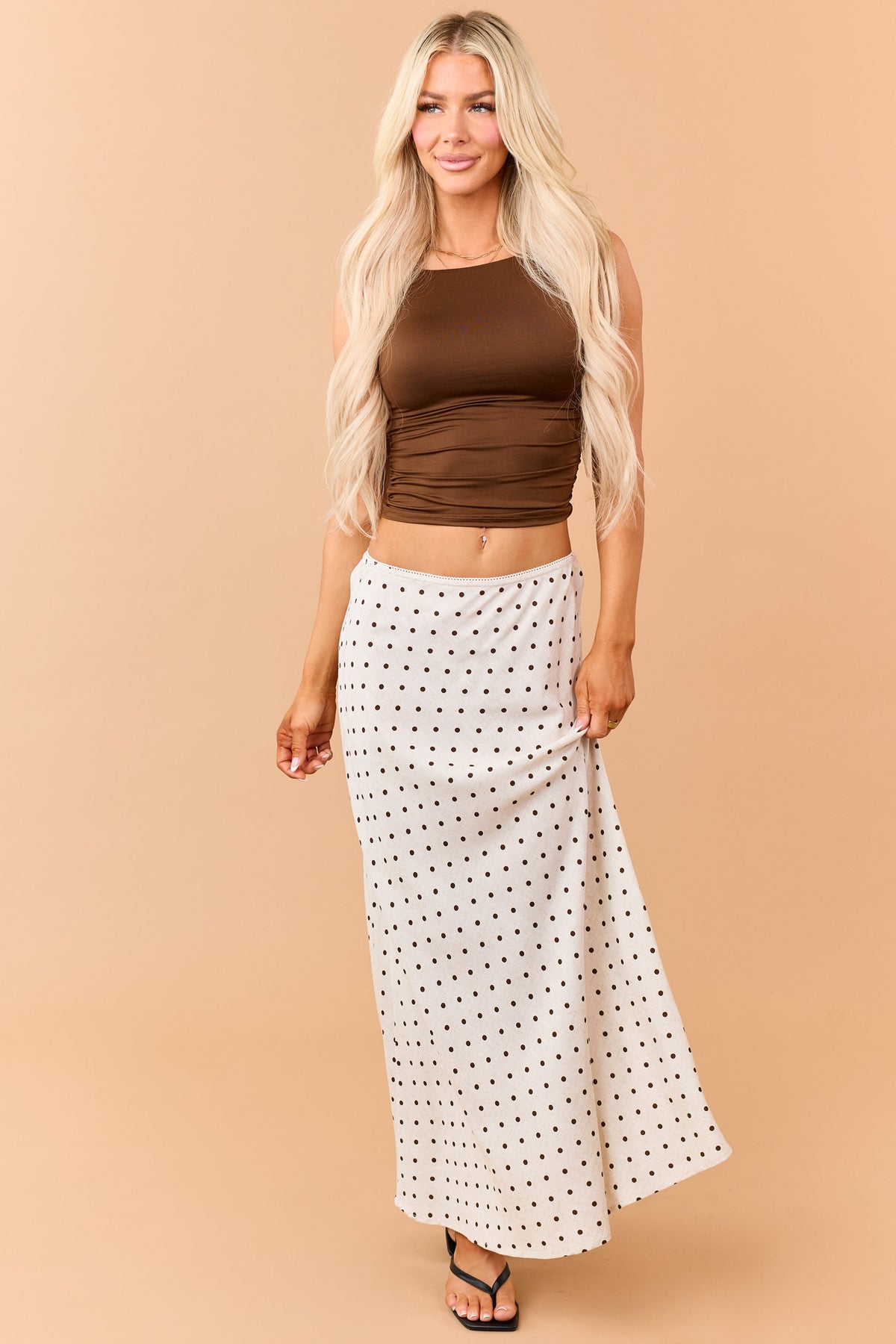 Womens Polka Dot Linen Blend Maxi Skirt