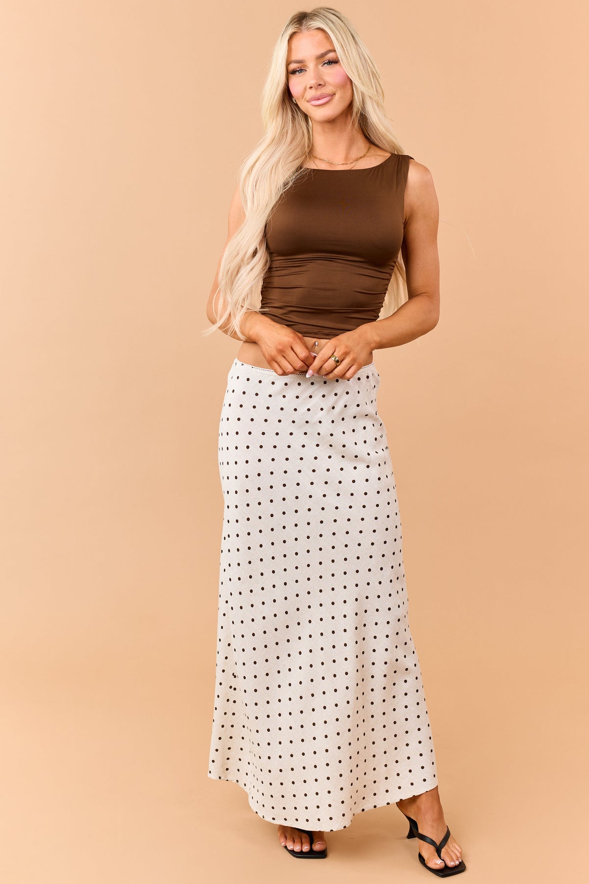 Womens Polka Dot Linen Blend Maxi Skirt