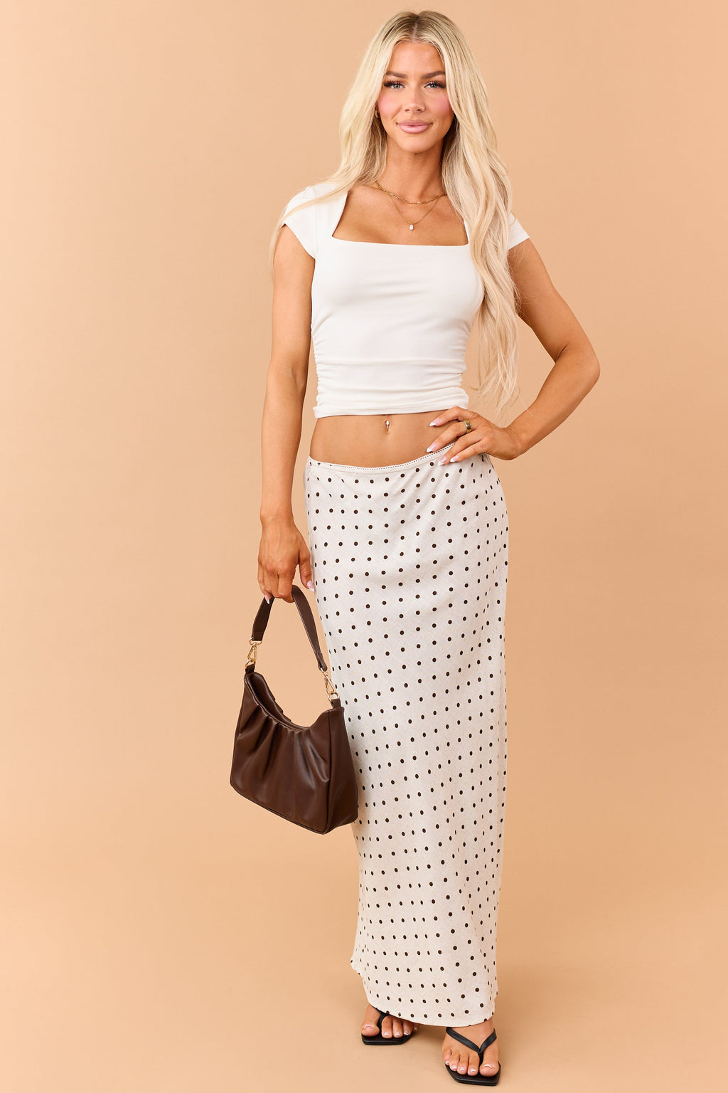 Womens Polka Dot Linen Blend Maxi Skirt