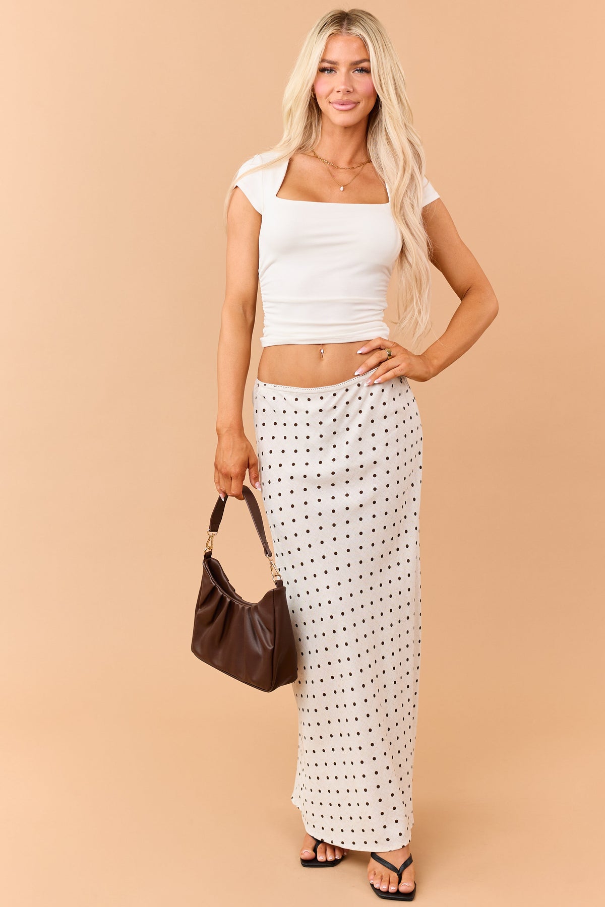 Womens Polka Dot Linen Blend Maxi Skirt