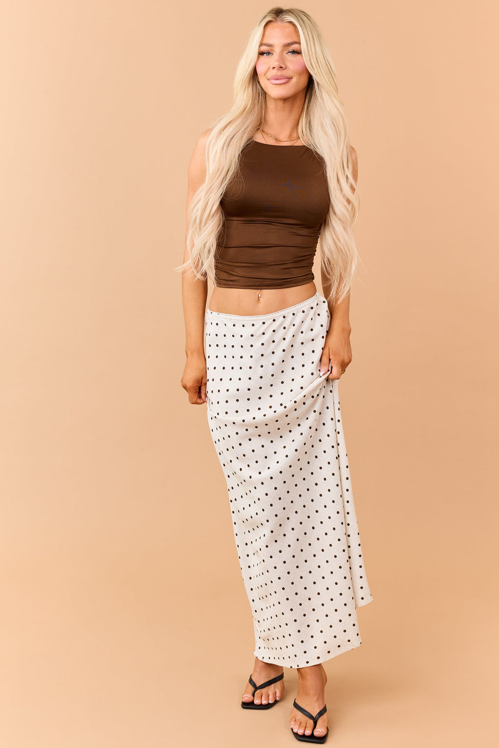 Womens Polka Dot Linen Blend Maxi Skirt