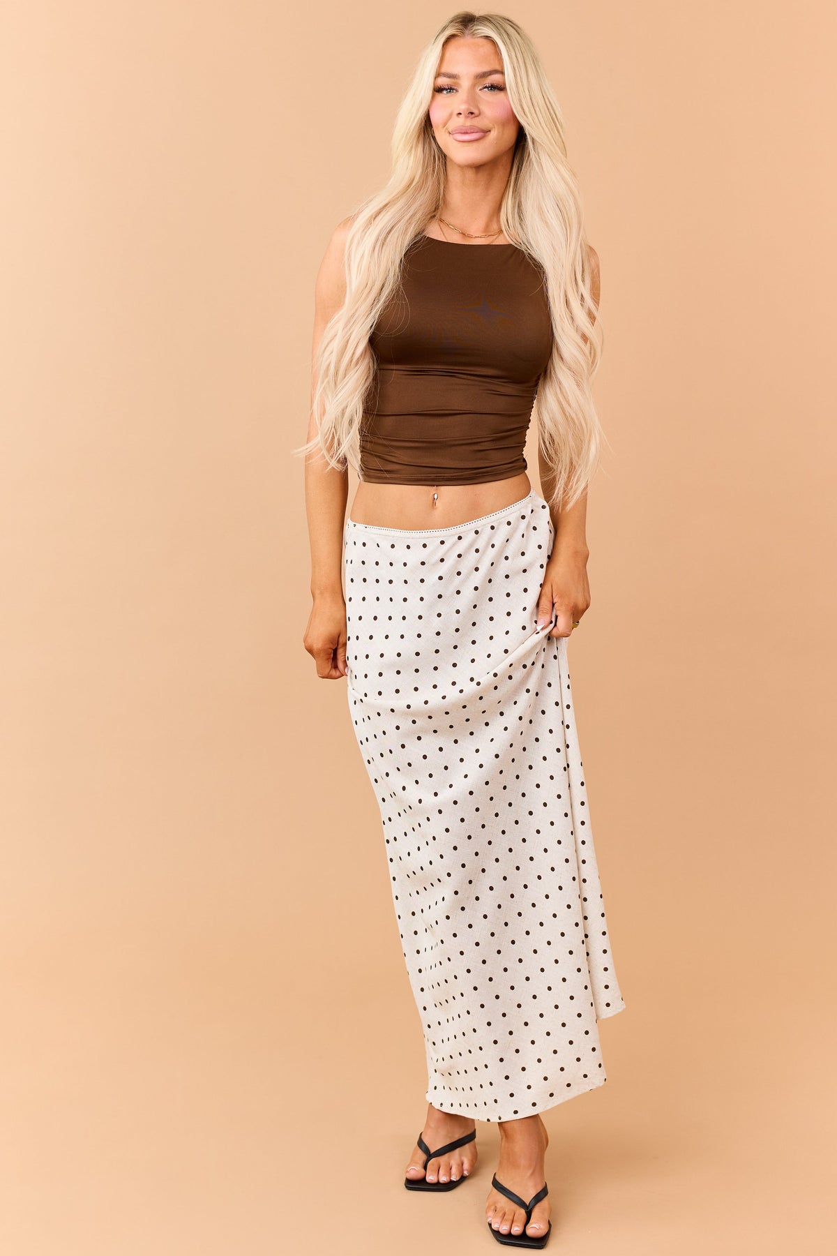 Womens Polka Dot Linen Blend Maxi Skirt