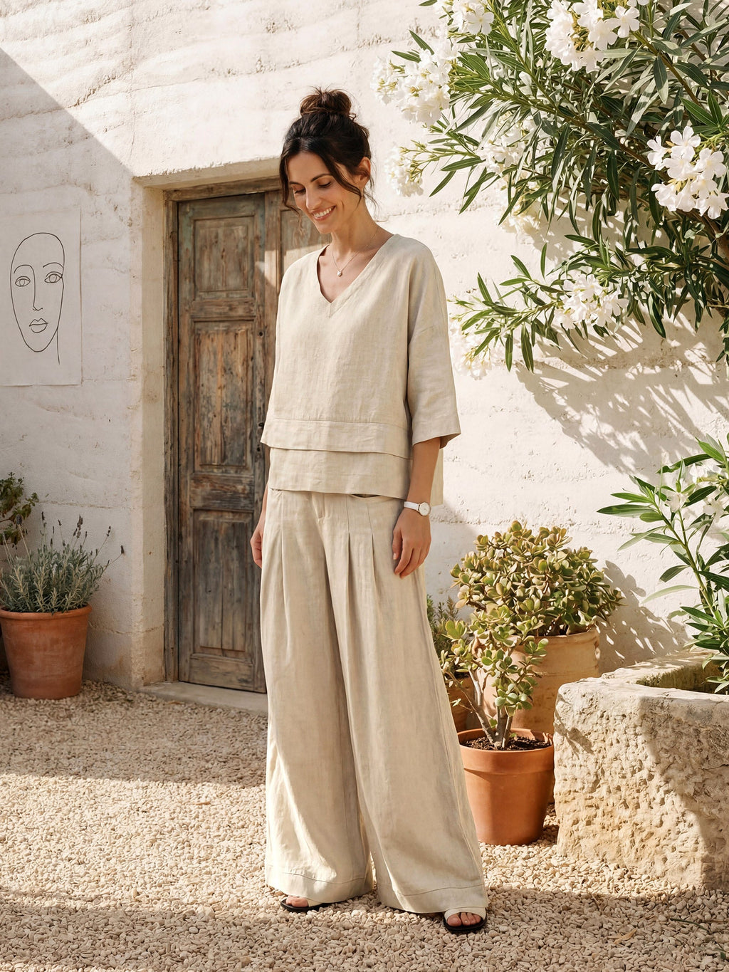 Womens High Waisted Pleated Linen Pants