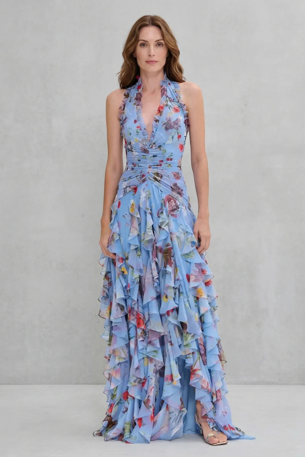 Womens Rose Print Halter Maxi Dress