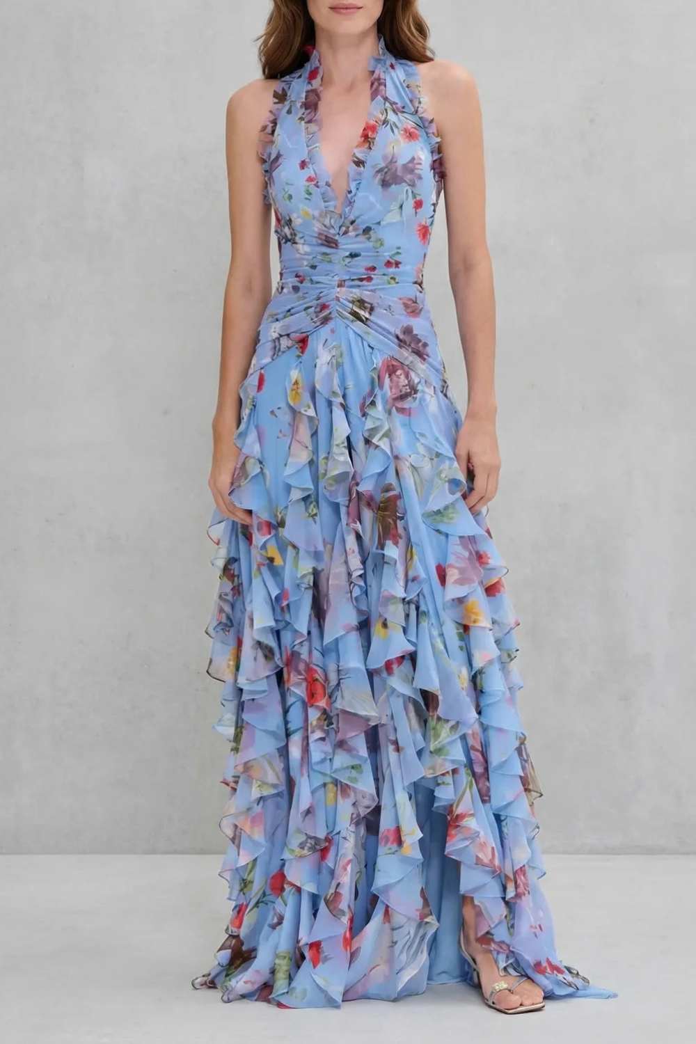Womens Rose Print Halter Maxi Dress
