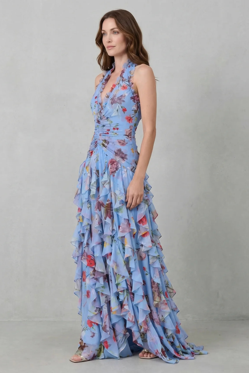 Womens Rose Print Halter Maxi Dress