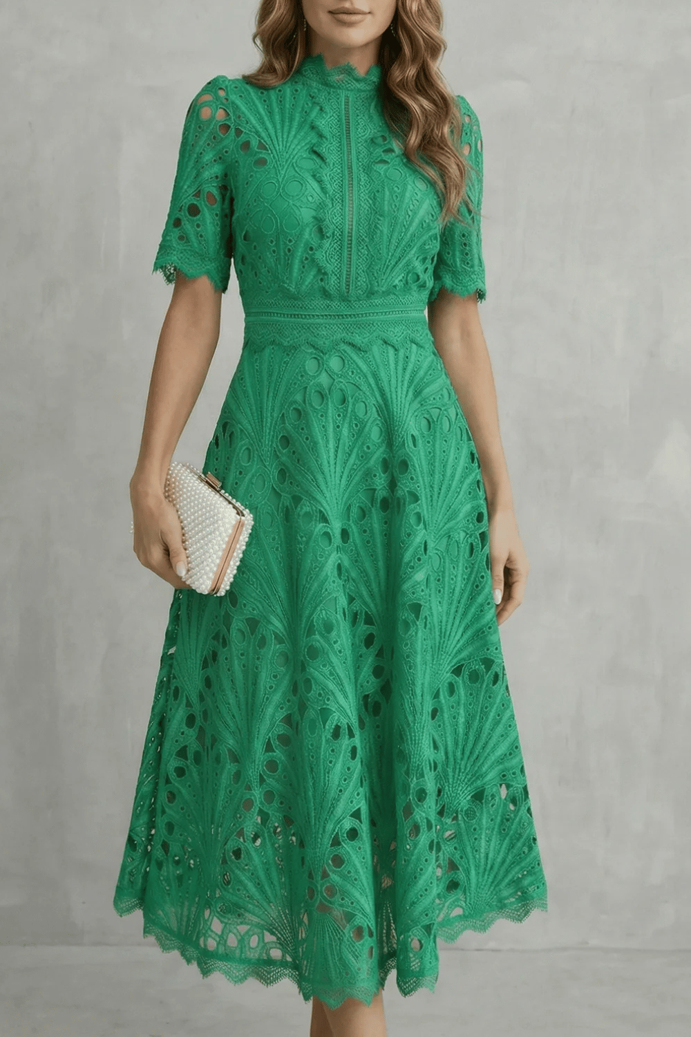 Womens High Neck Lace Midi Dress