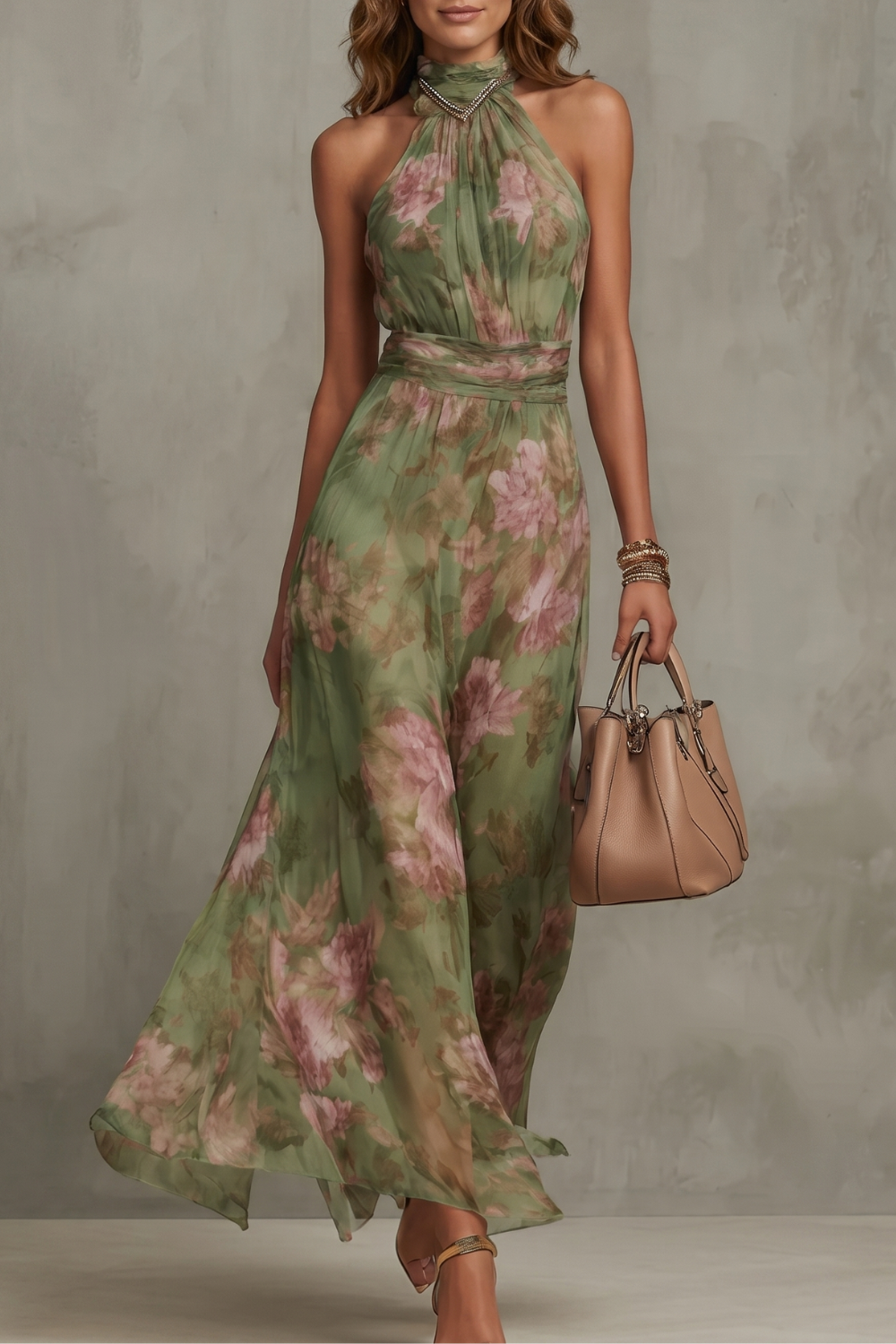 Womens Green Floral Halter Maxi Dress