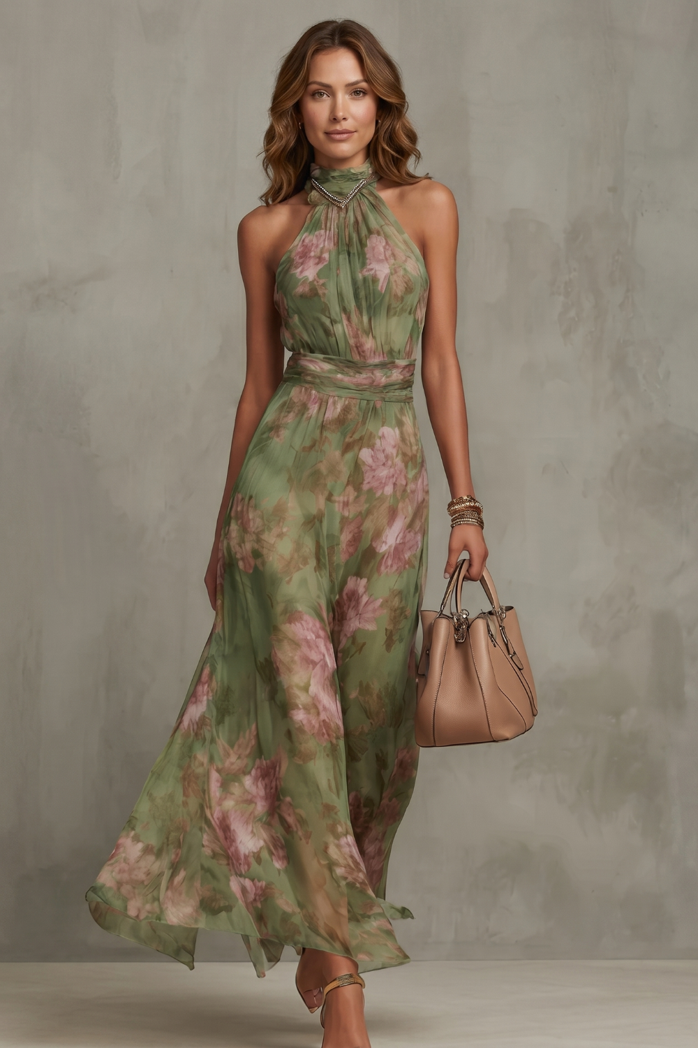 Womens Green Floral Halter Maxi Dress