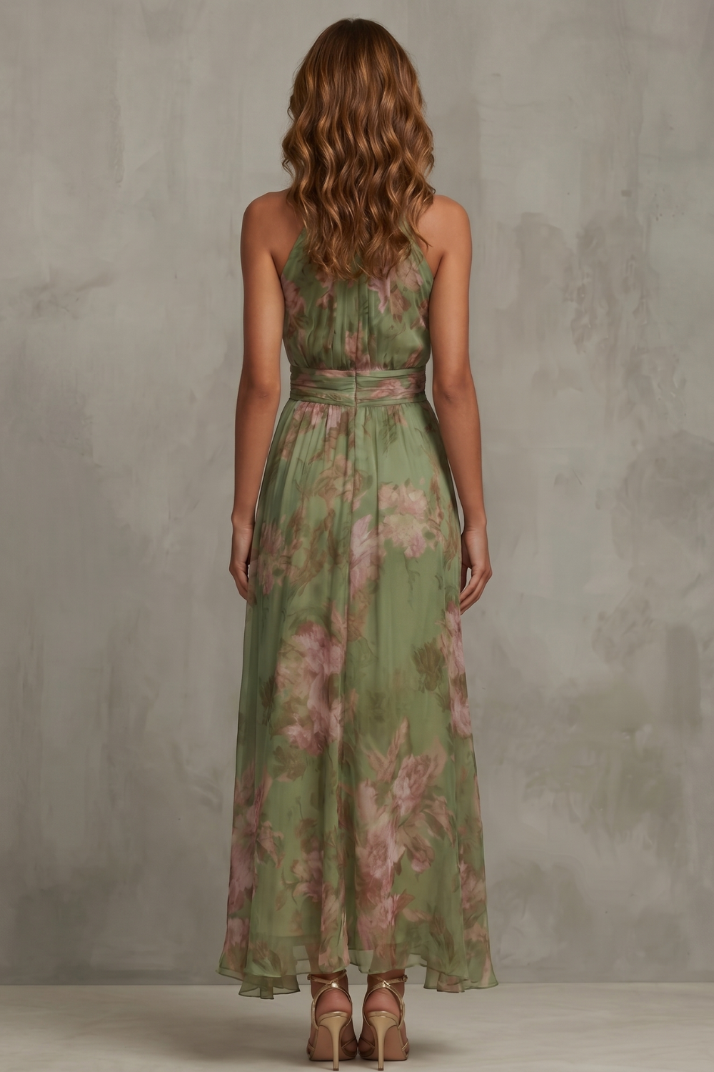 Womens Green Floral Halter Maxi Dress