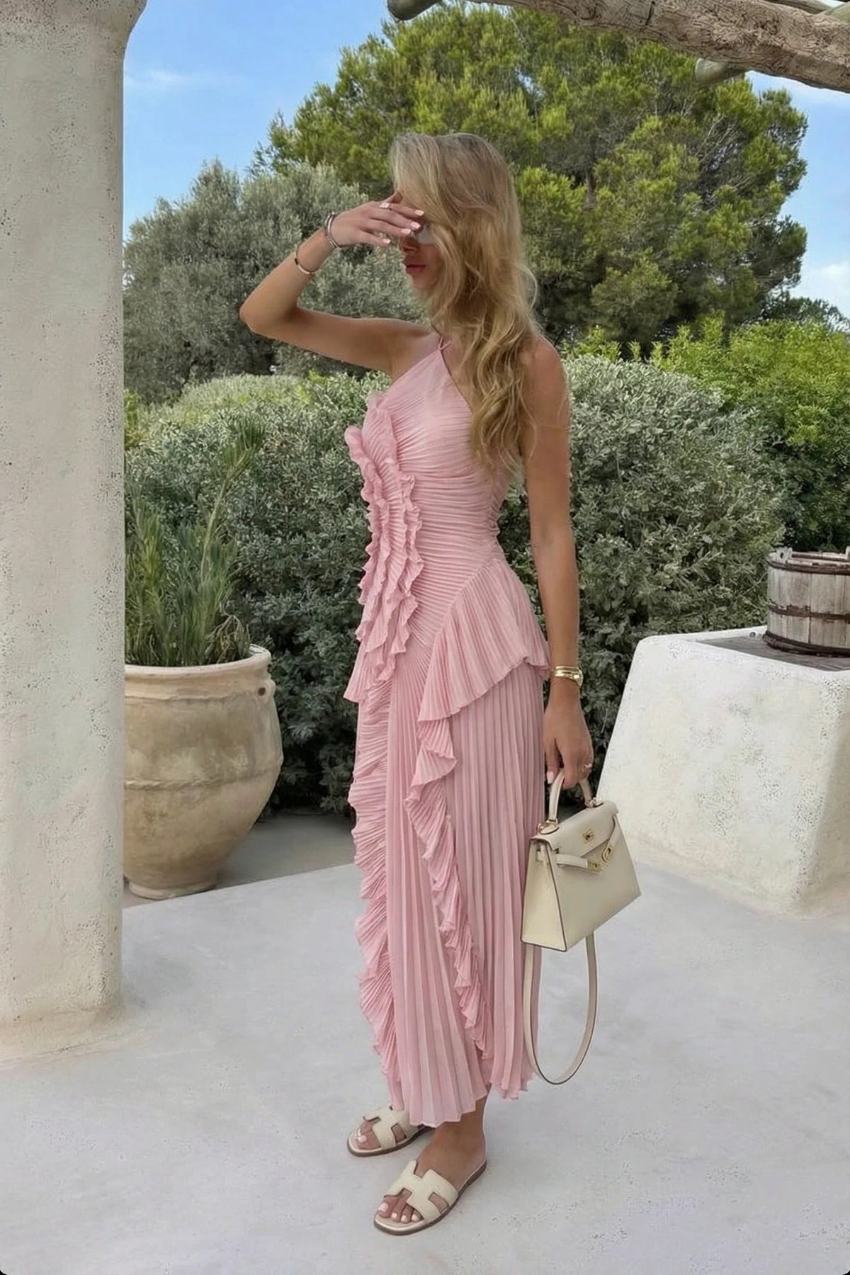 Womens Pleated Midi Wedding Guest Dress