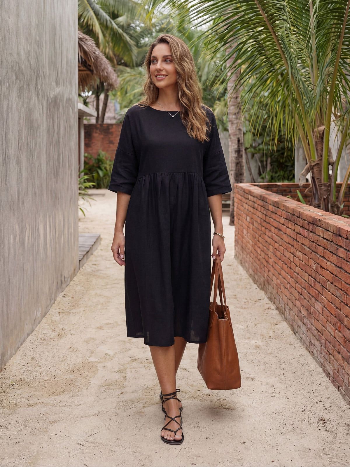Womens Linen A Line Midi Dress