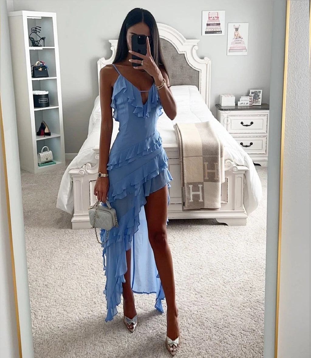 Womens Ruffle Wrap Maxi Dress Asymmetric Hem