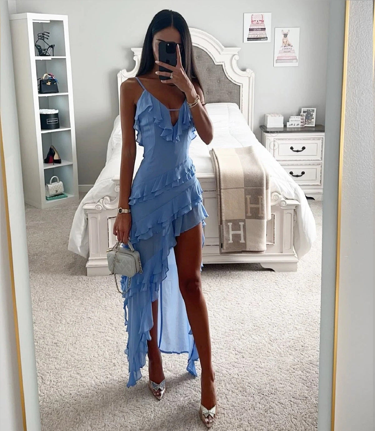Womens Ruffle Wrap Maxi Dress Asymmetric Hem