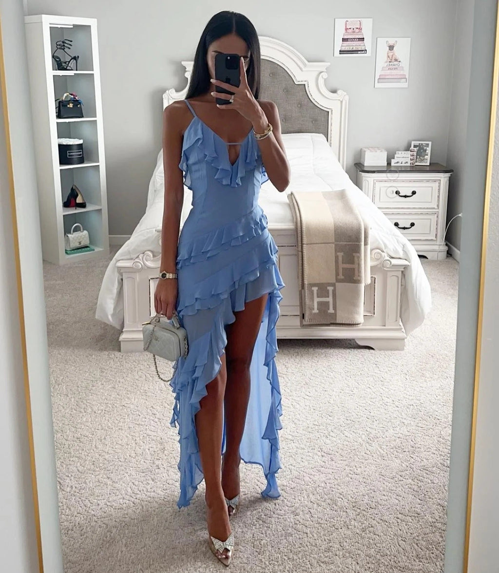 Womens Ruffle Wrap Maxi Dress Asymmetric Hem