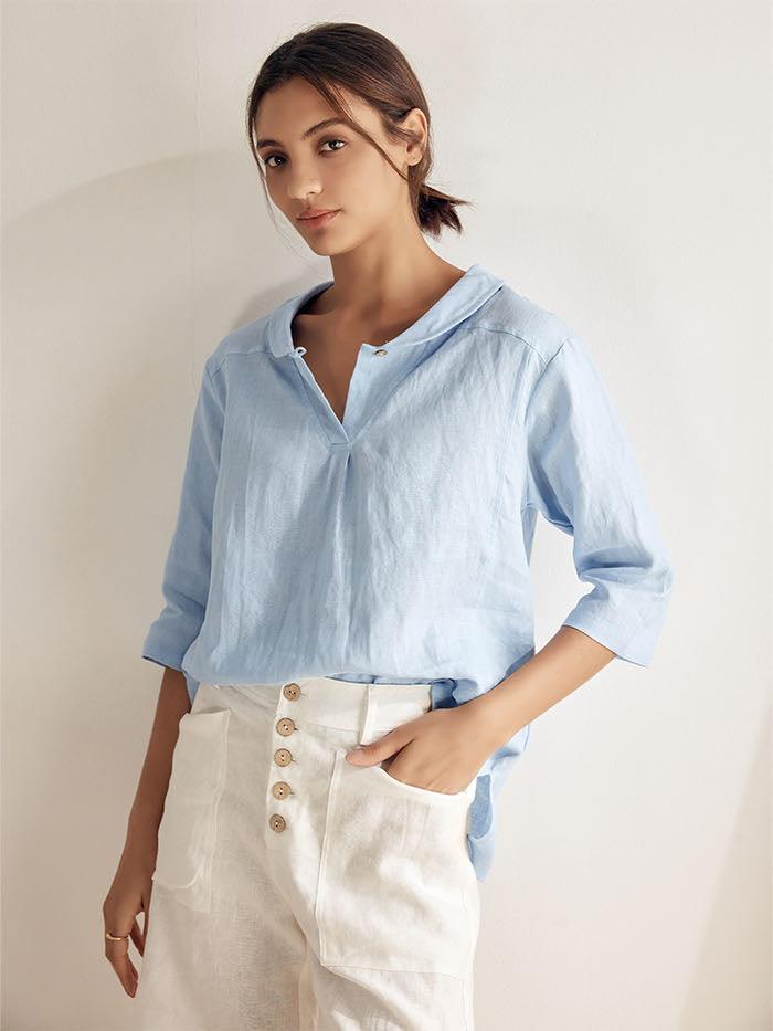 Womens Linen V Neck Top