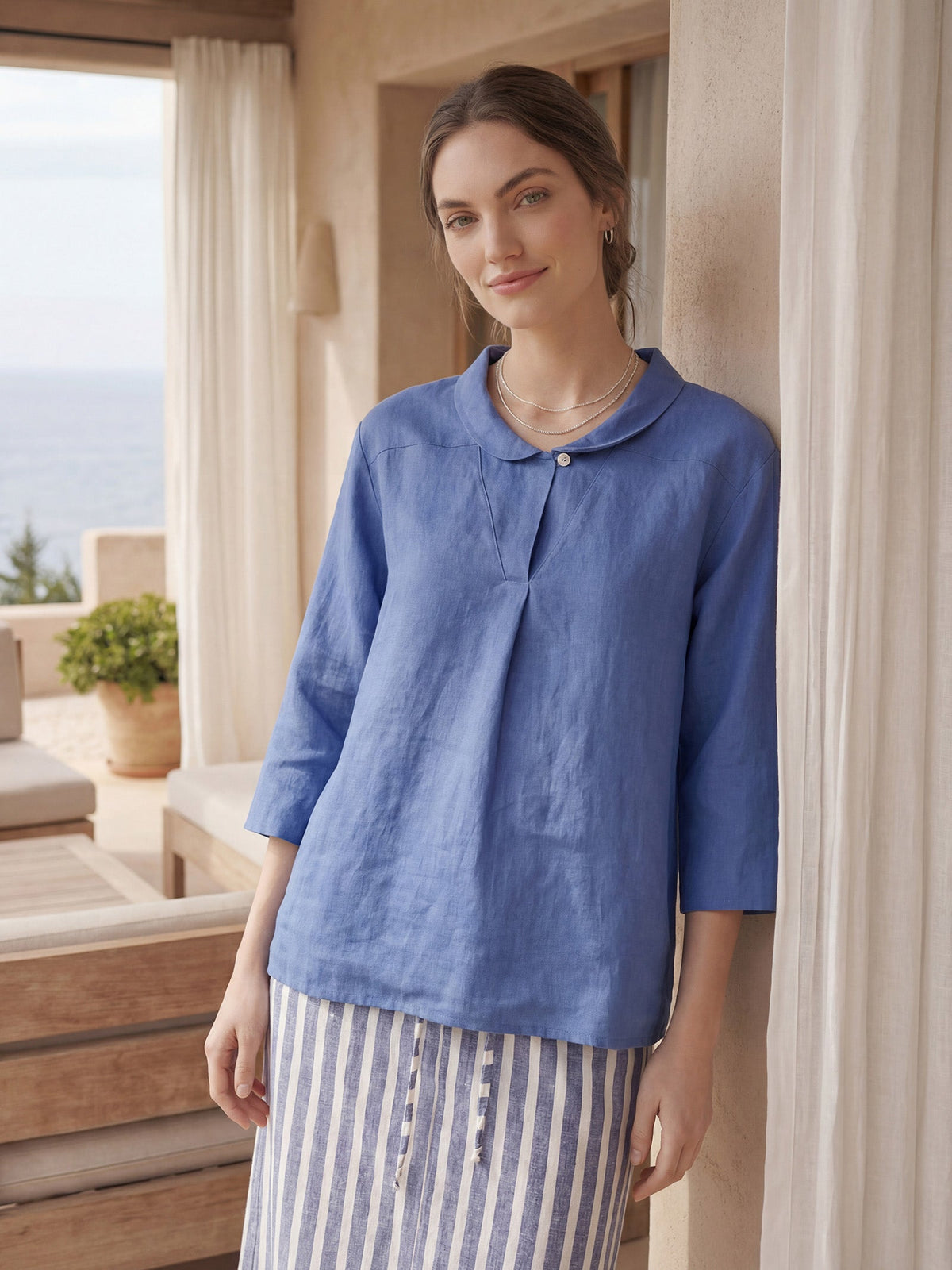 Womens Linen V Neck Top