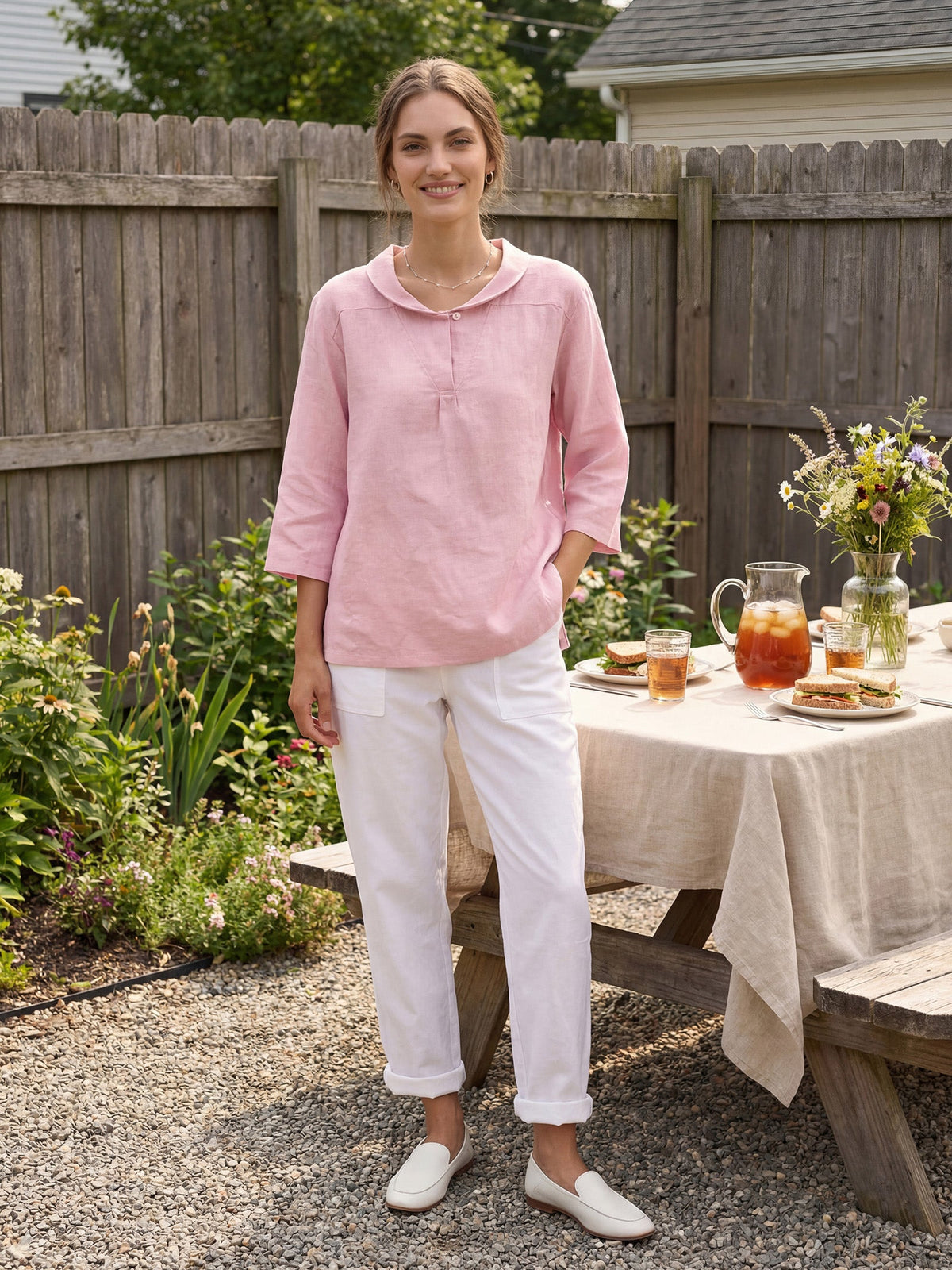 Womens Linen V Neck Top
