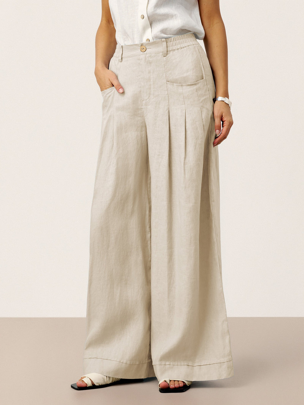 Womens High Waisted Pleated Linen Pants