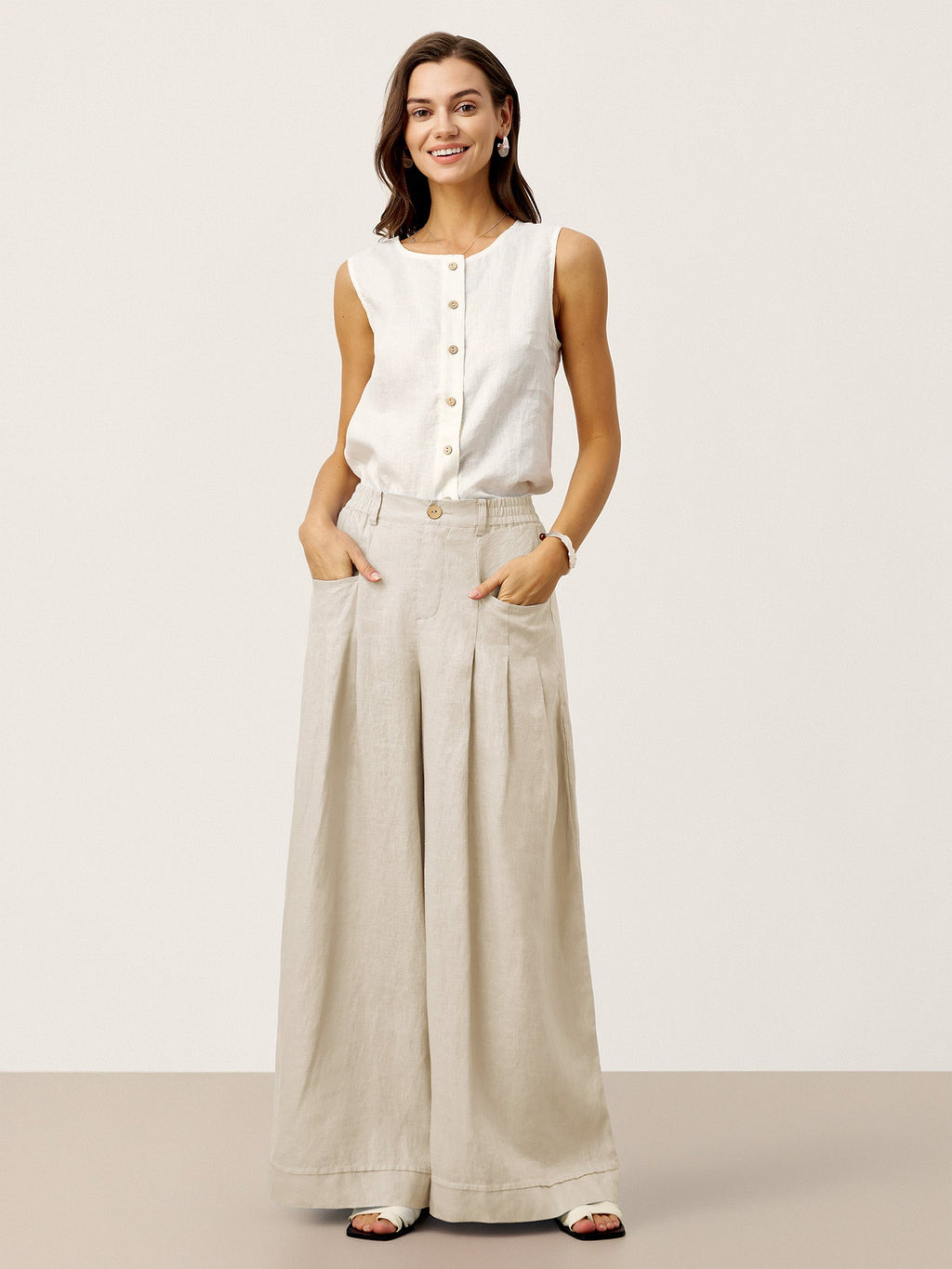 Womens High Waisted Pleated Linen Pants