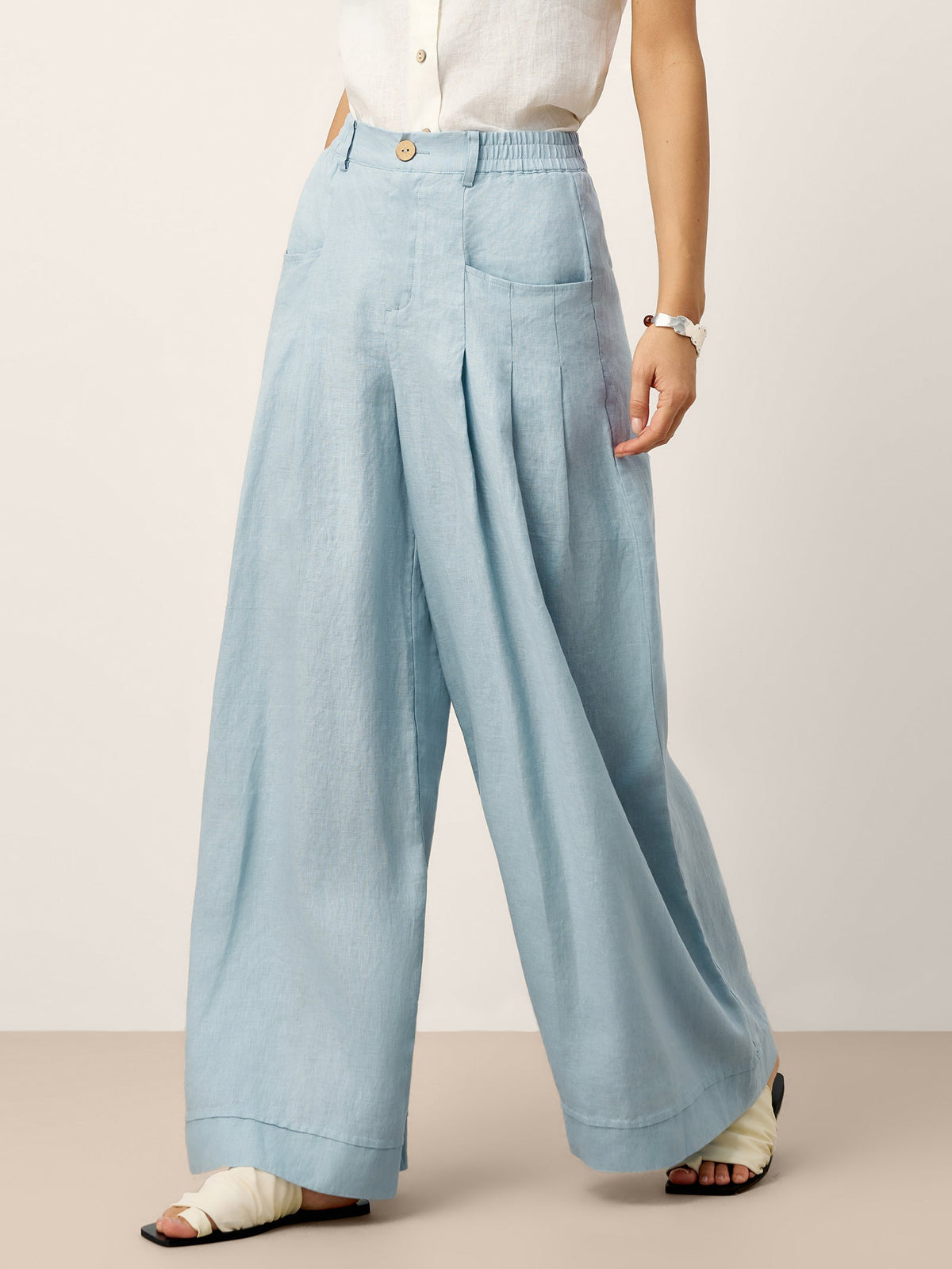 Womens High Waisted Pleated Linen Pants