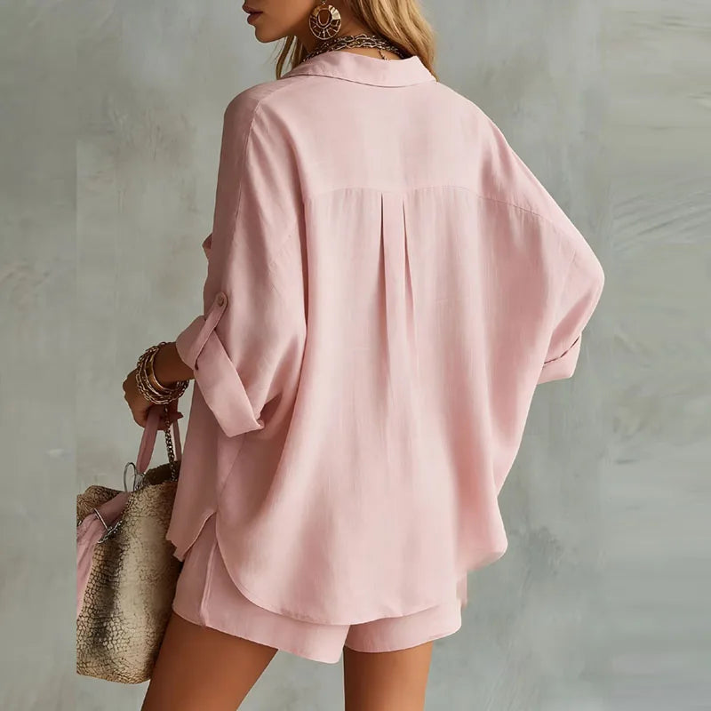 Womens Linen Two Piece Set with Collar