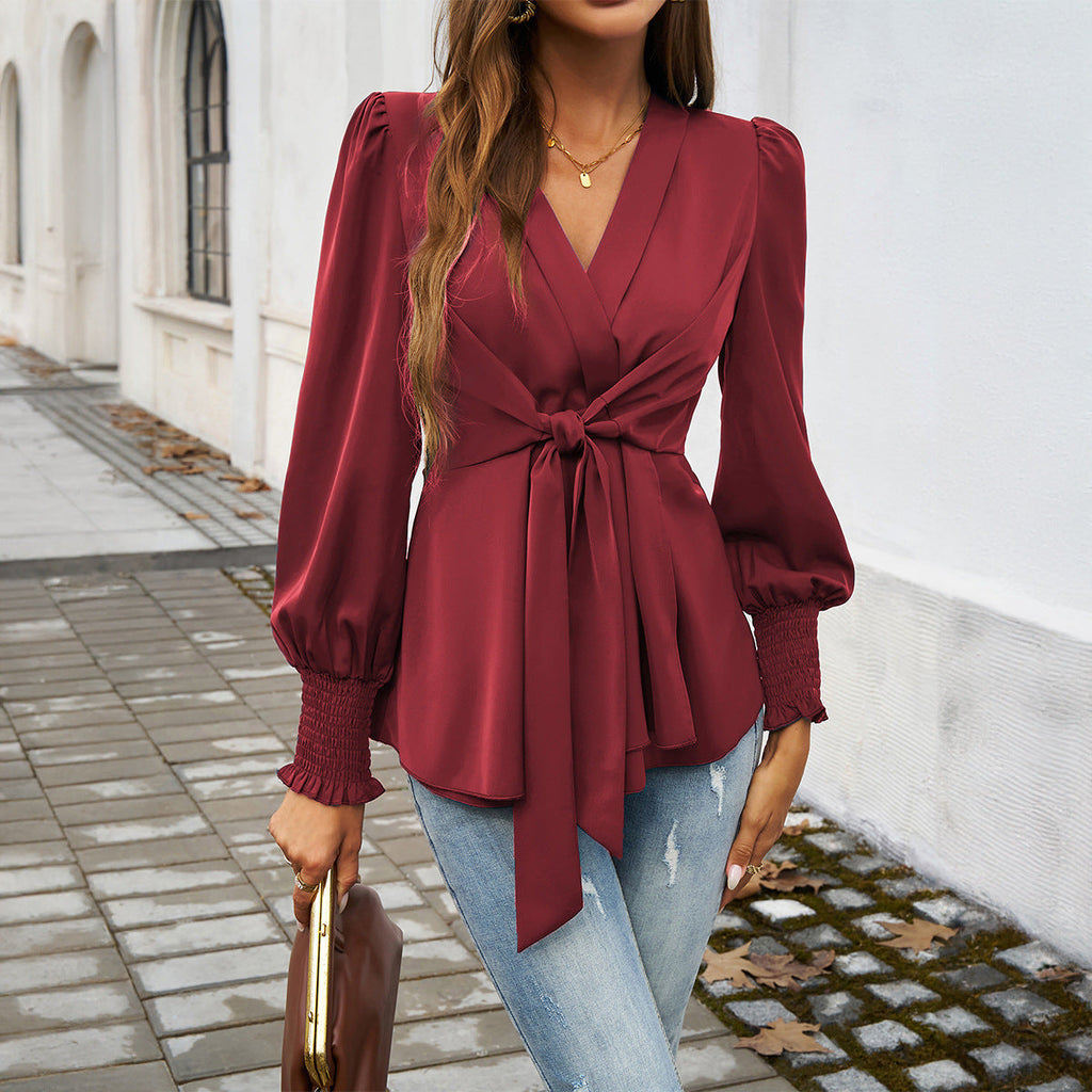 Womens Puff Sleeve V Neck Top