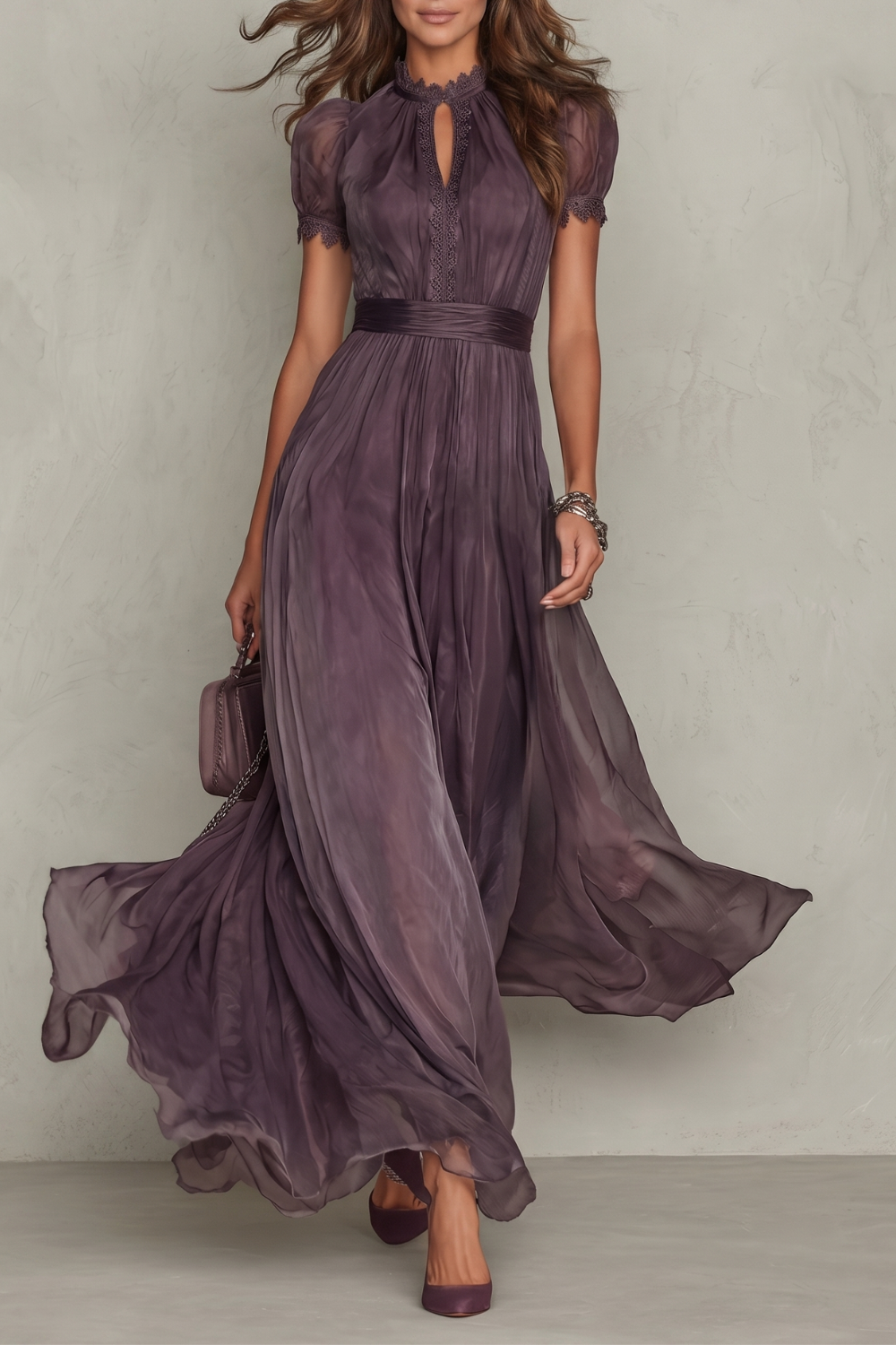 Womens Purple Lace Keyhole Maxi Dress