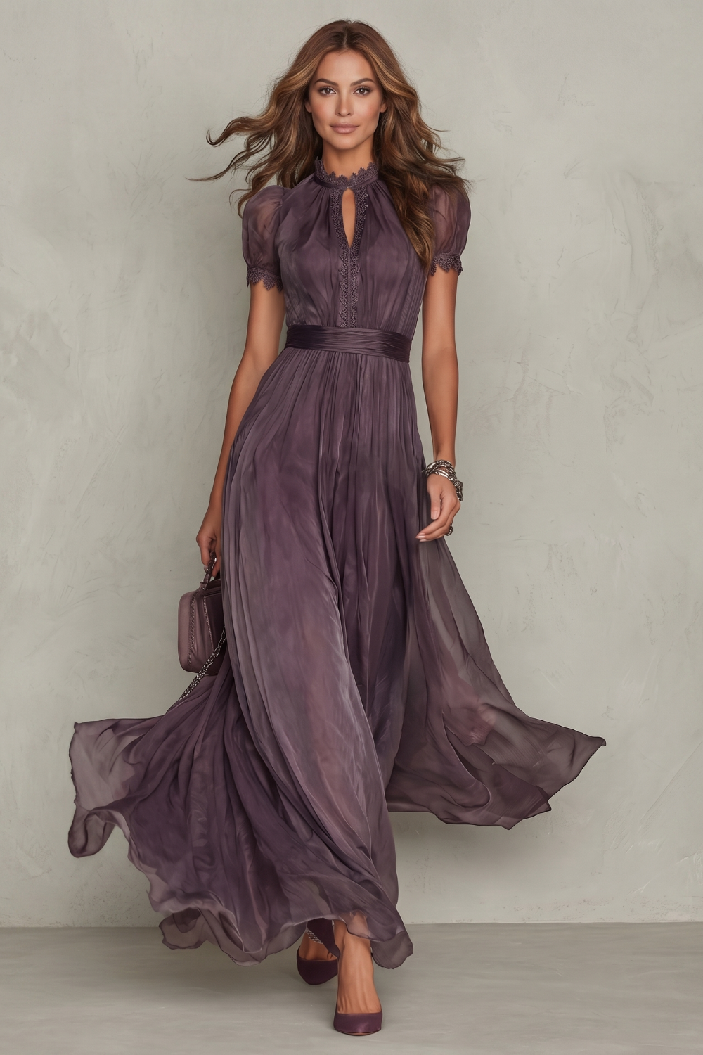Womens Purple Lace Keyhole Maxi Dress