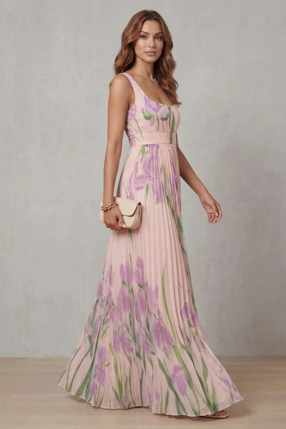 Womens Pleated Floral Maxi Dress