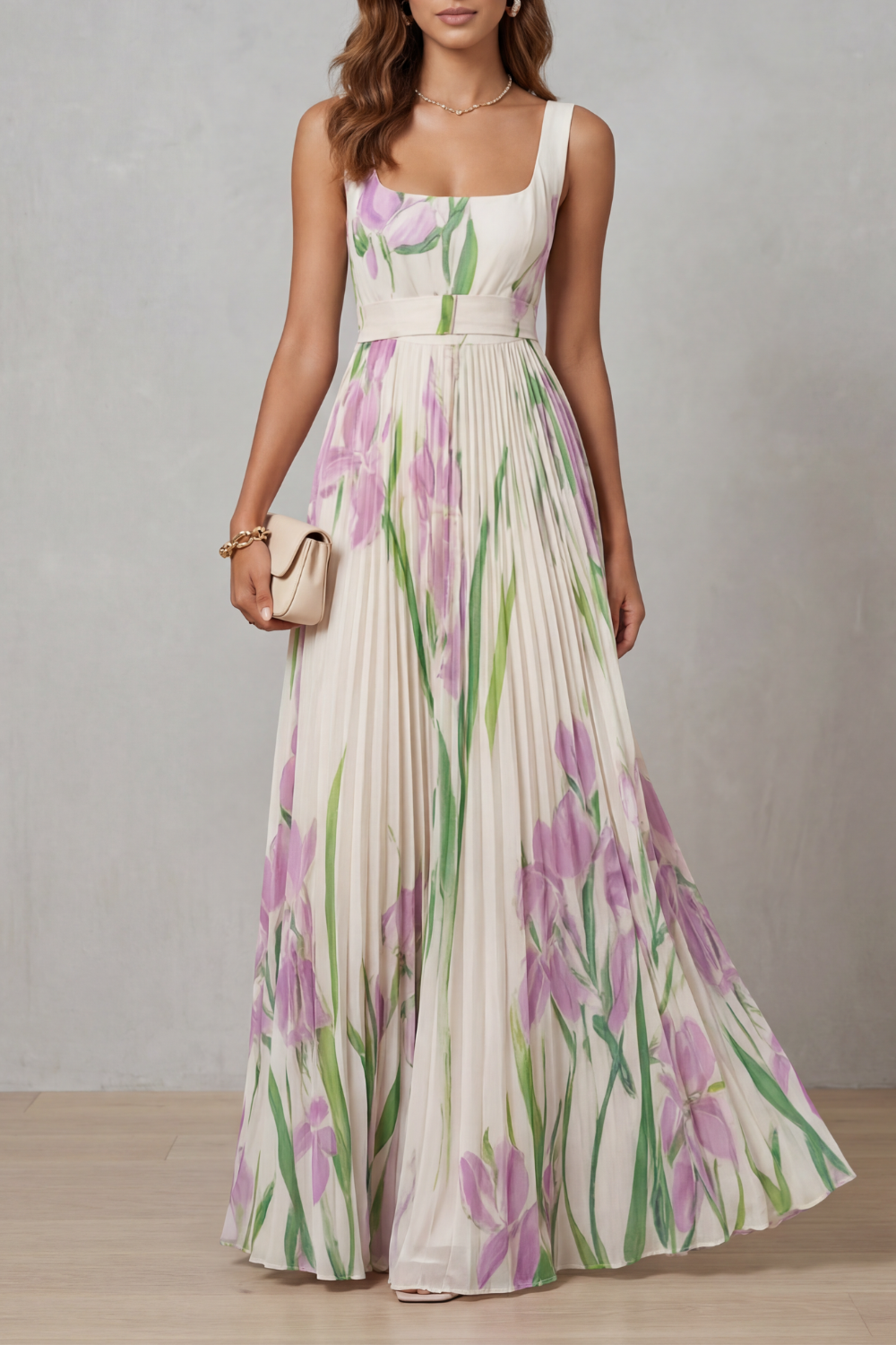Womens Pleated Floral Maxi Dress