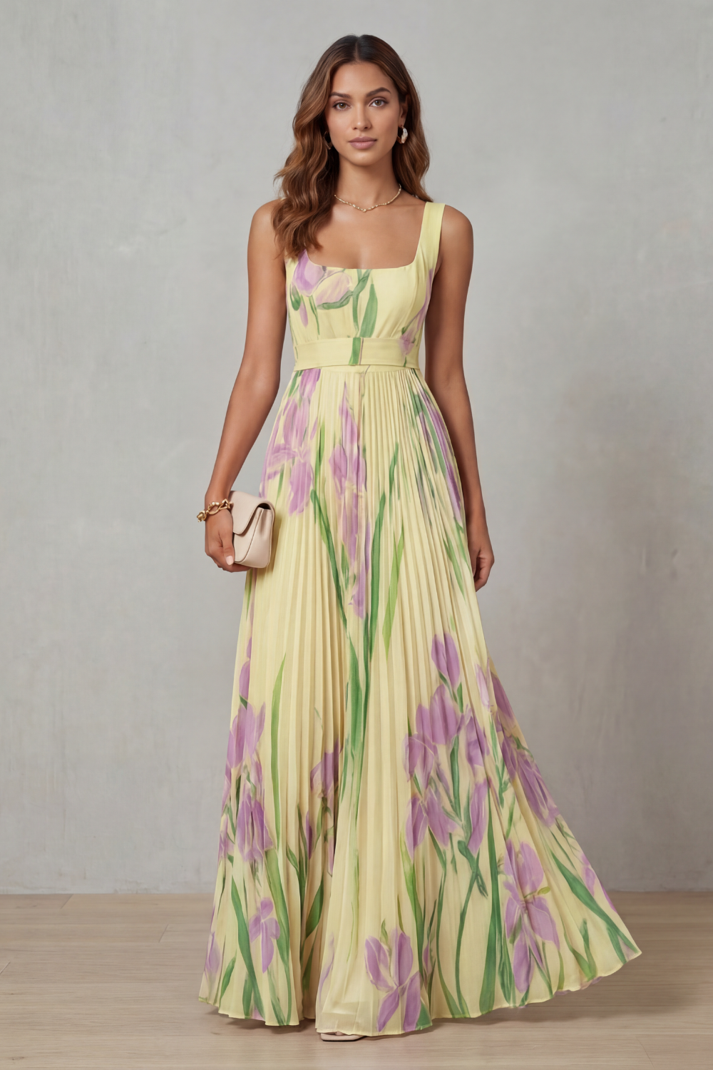 Womens Pleated Floral Maxi Dress