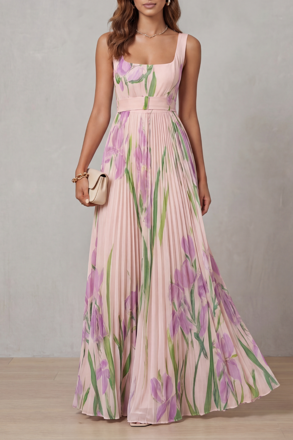 Womens Pleated Floral Maxi Dress