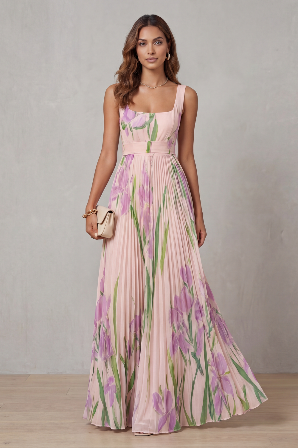 Womens Pleated Floral Maxi Dress