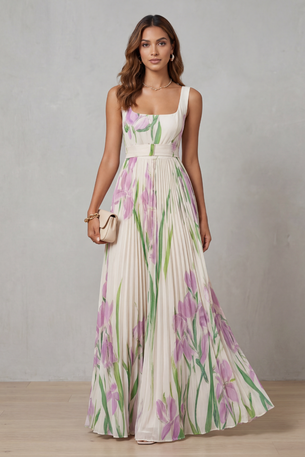 Womens Pleated Floral Maxi Dress