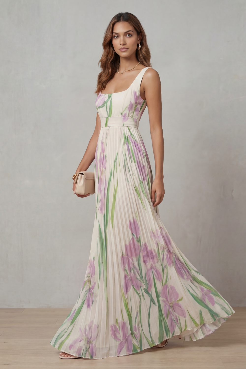 Womens Pleated Floral Maxi Dress