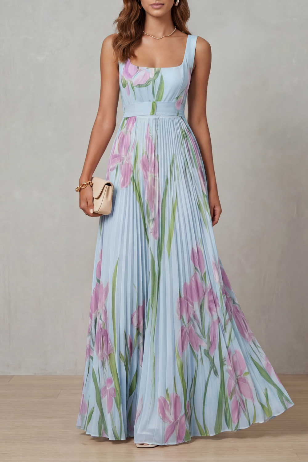 Womens Pleated Floral Maxi Dress