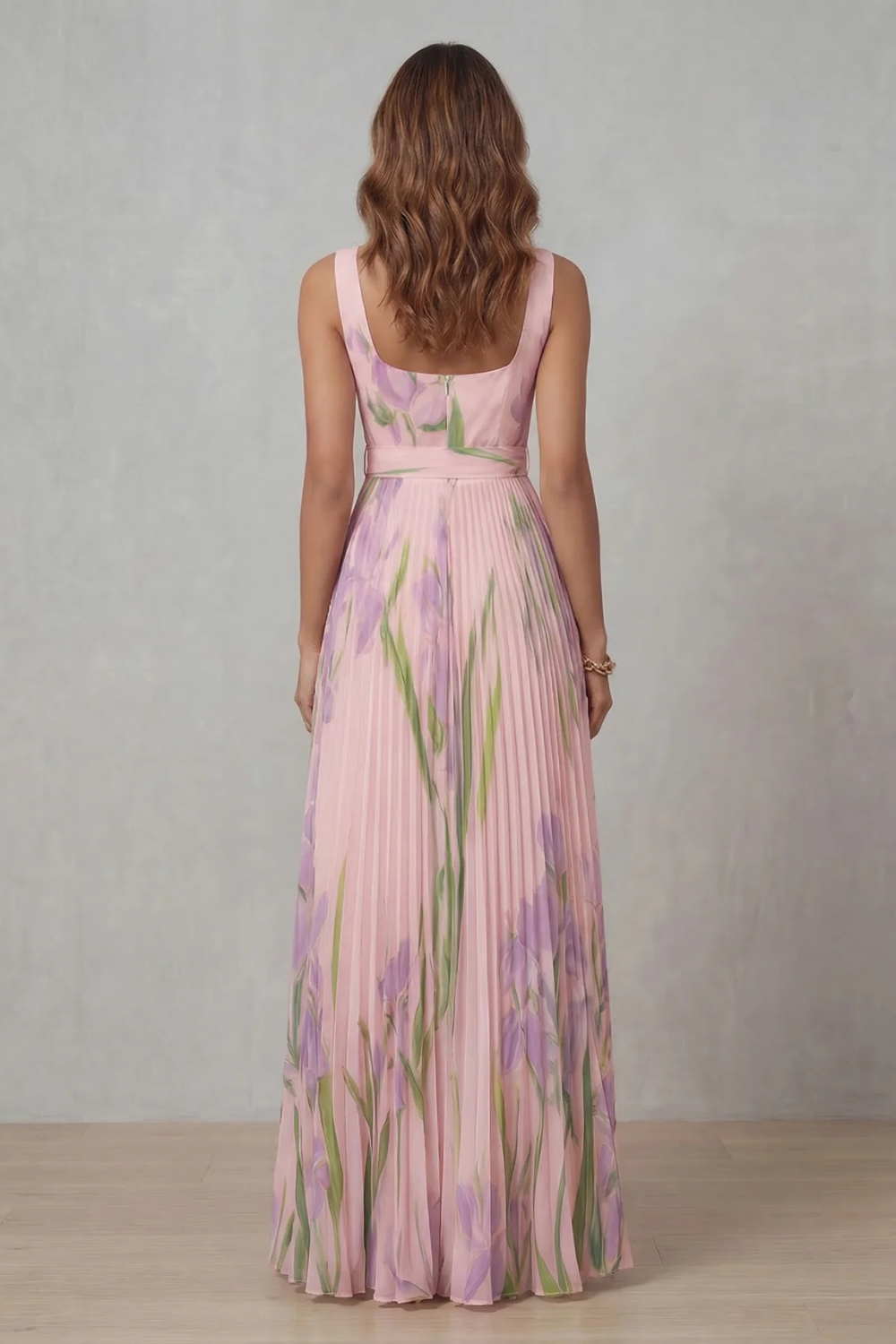 Womens Pleated Floral Maxi Dress