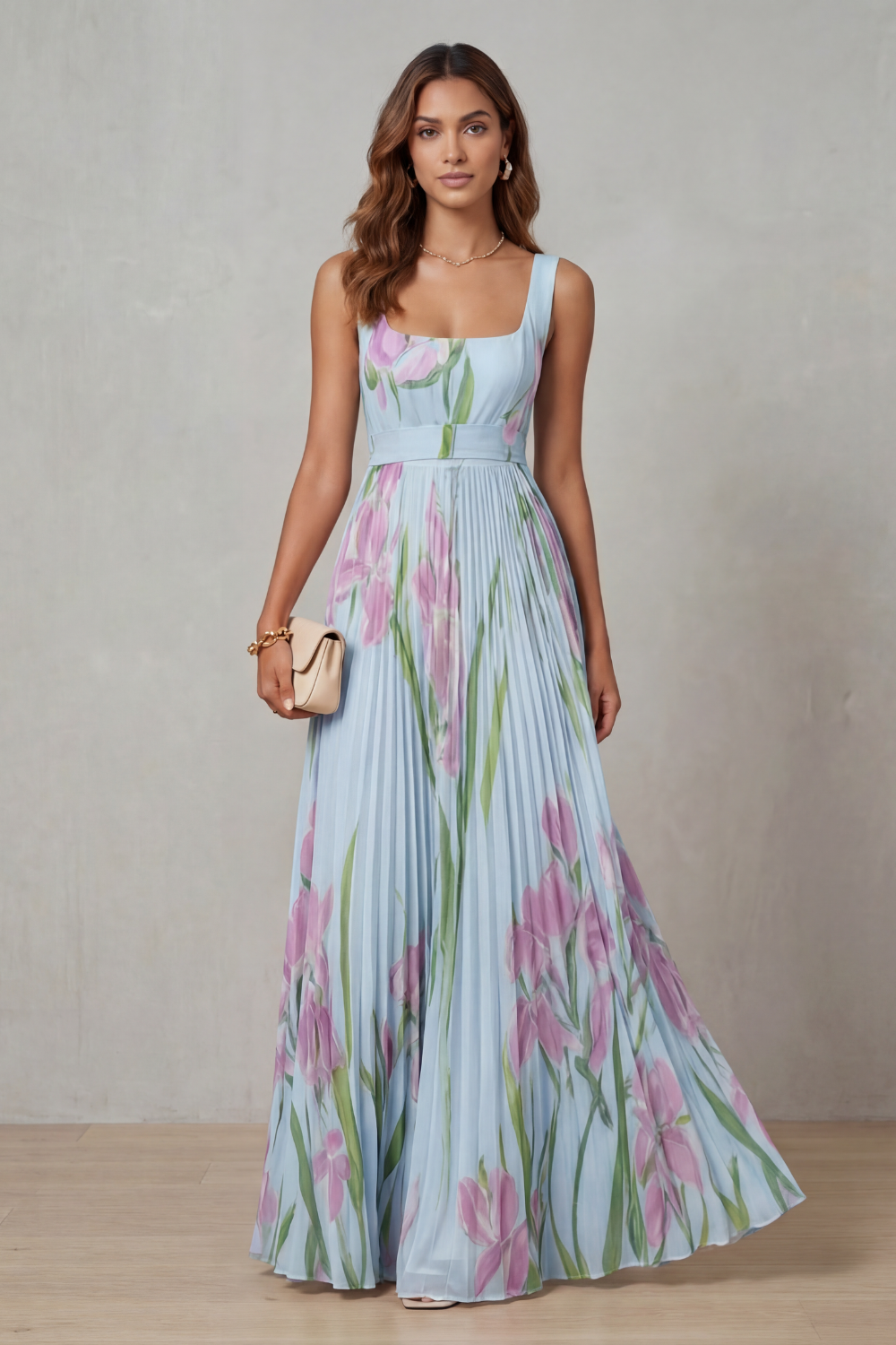Womens Pleated Floral Maxi Dress