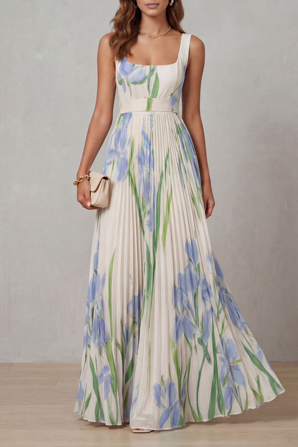 Womens Pleated Floral Maxi Dress