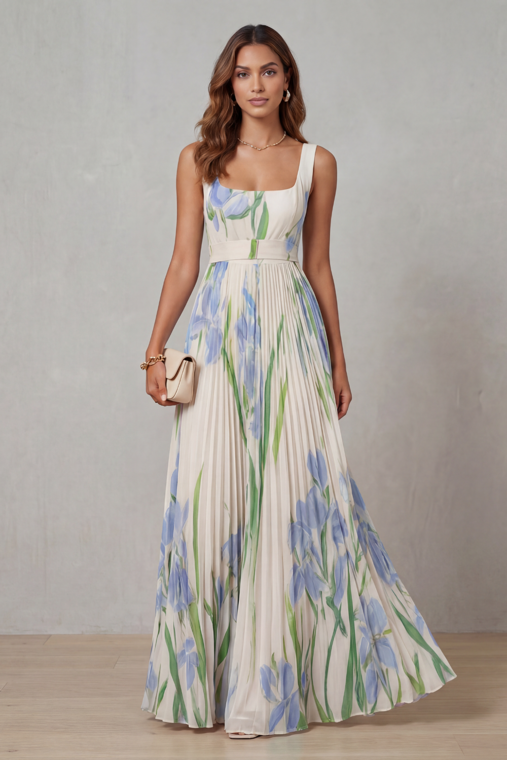 Womens Pleated Floral Maxi Dress