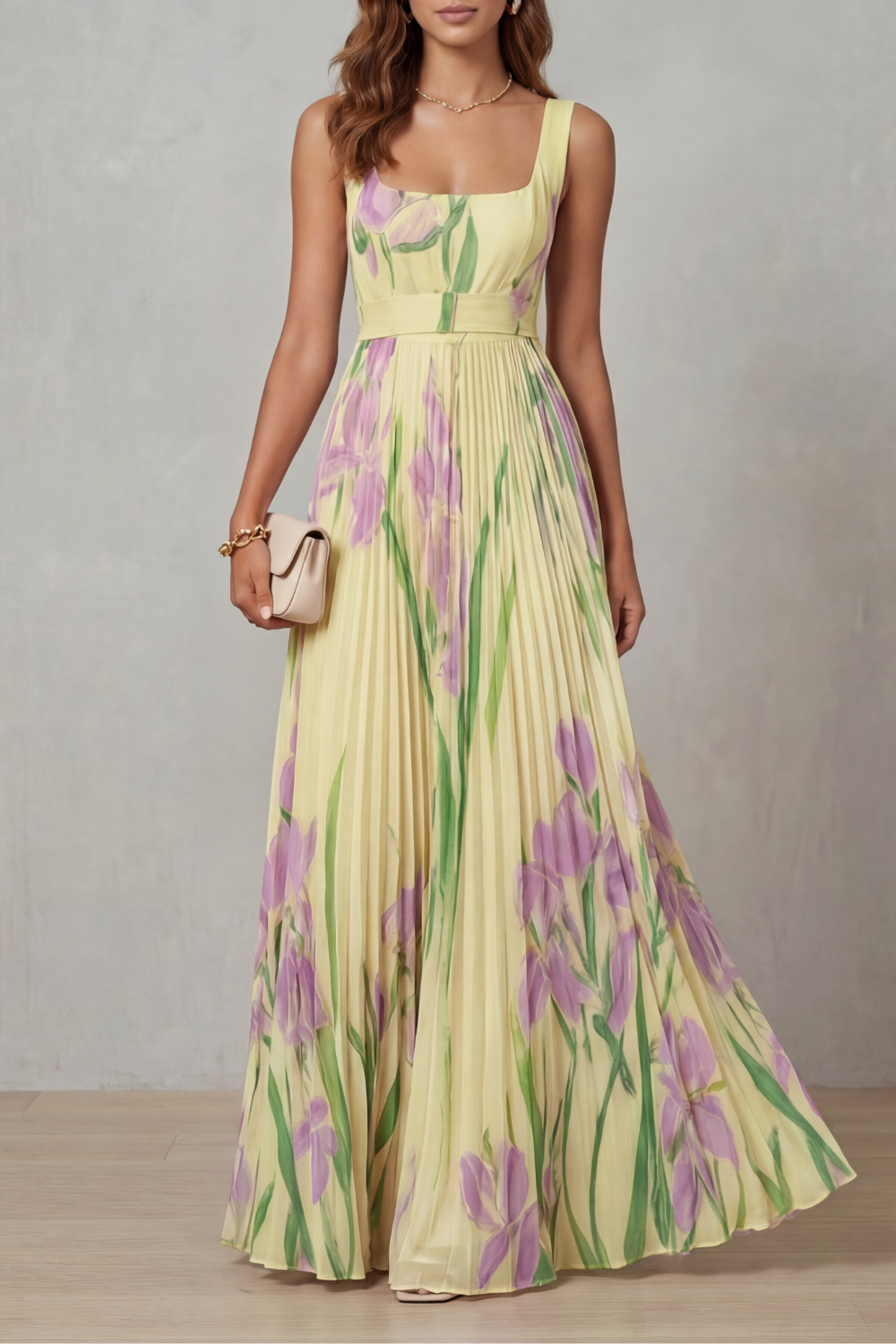 Womens Pleated Floral Maxi Dress