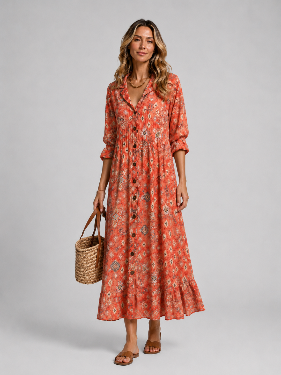 Womens Printed Maxi Shirt Dress