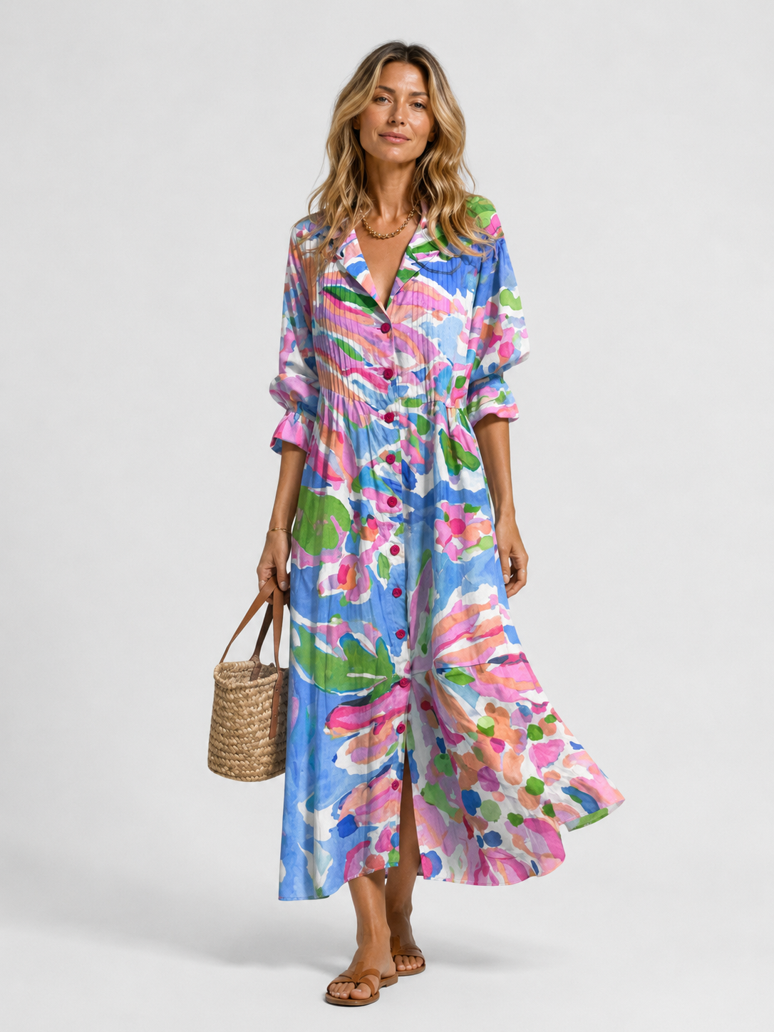 Womens Printed Maxi Shirt Dress