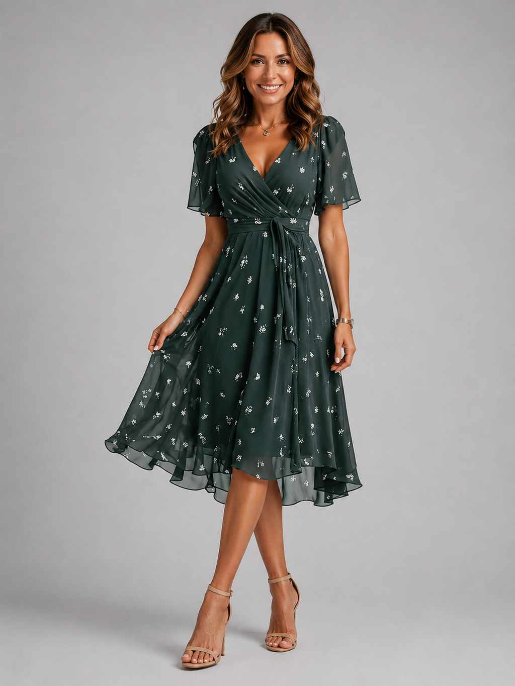 Womens Printed V Neck Midi Dress