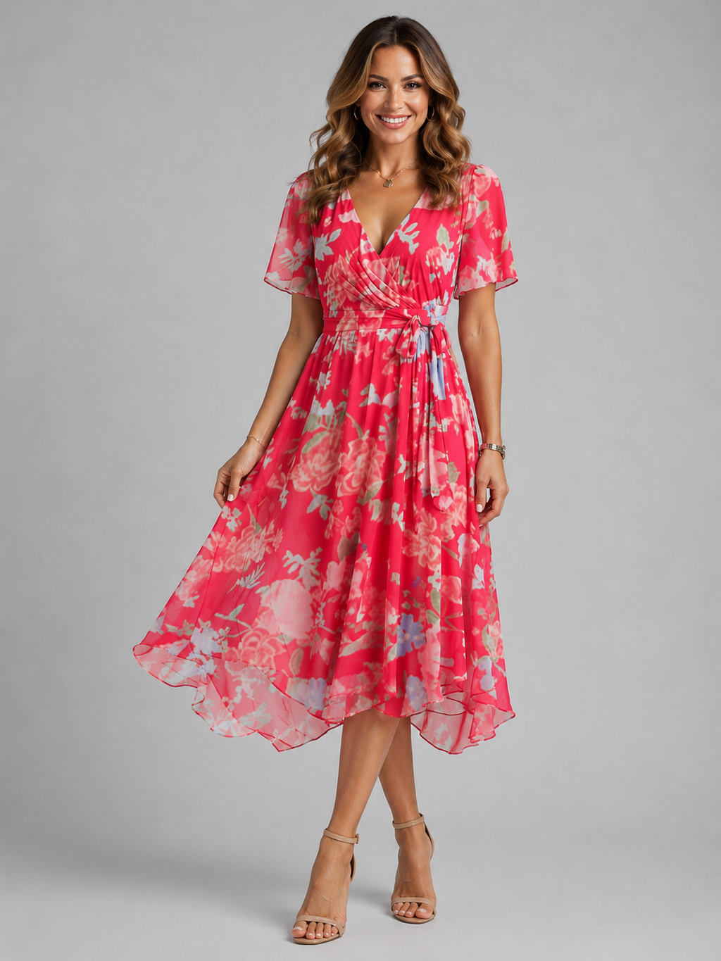 Womens Printed V Neck Midi Dress
